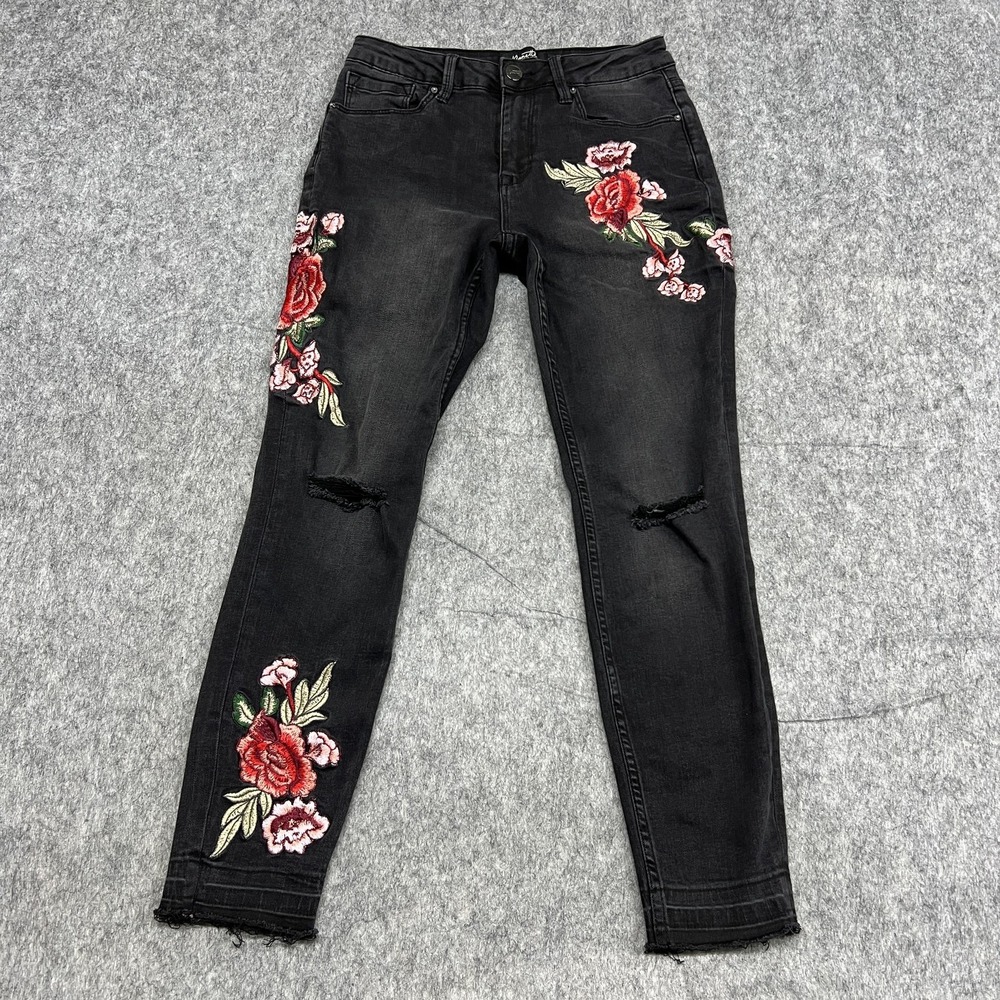 Nanette Lepore Jeans Womens 6 Black Broadway Crop Floral Embroidered Distressed